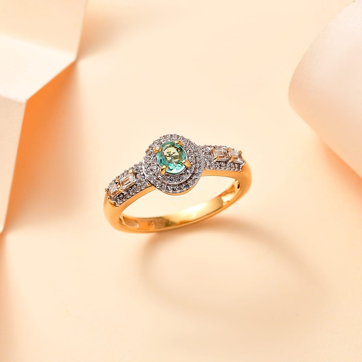 Boyaca Colombian Emerald, White Zircon Ring in 18K Vermeil YG Over Sterling Silver (Size 10.0) 1.30 ctw image number 1