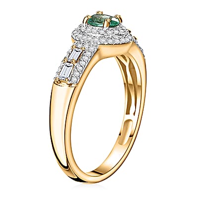 Boyaca Colombian Emerald and White Zircon 1.30 ctw Art and Deco Ring in 18K Vermeil Yellow Gold Over Sterling Silver (Size 10.0)