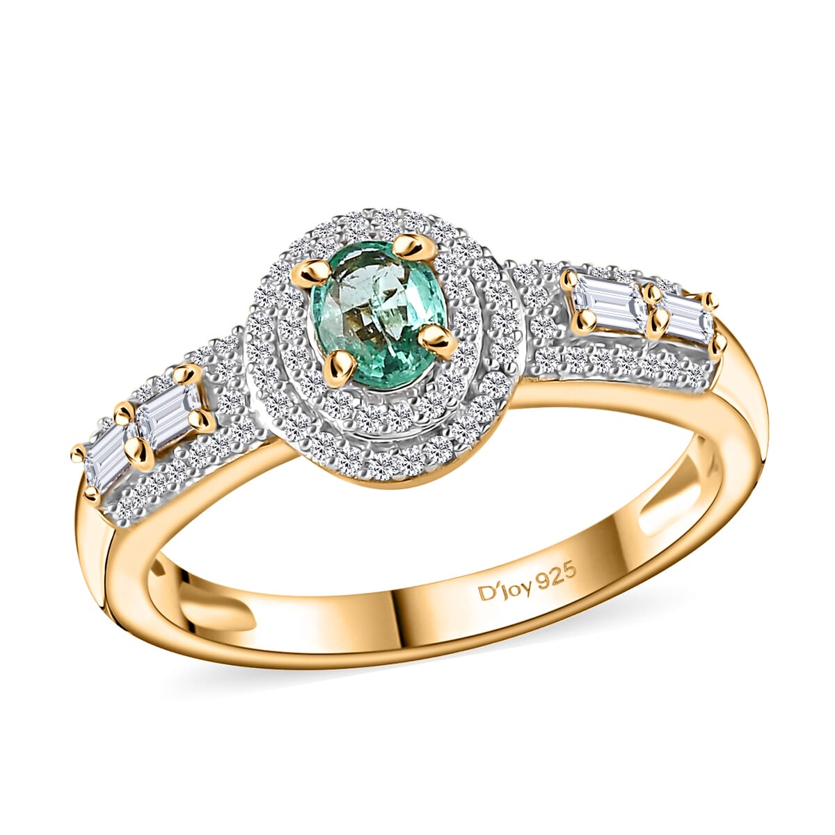 Boyaca Colombian Emerald and White Zircon 1.30 ctw Art and Deco Ring in 18K Vermeil Yellow Gold Over Sterling Silver (Size 6.0) image number 0