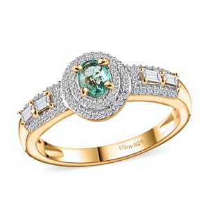 Boyaca Colombian Emerald and White Zircon 1.30 ctw Art and Deco Ring in 18K Vermeil Yellow Gold Over Sterling Silver (Size 6.0)