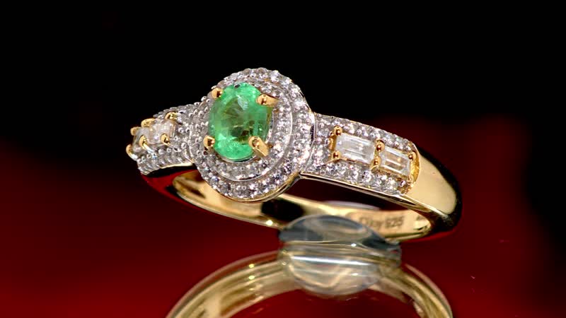 Boyaca Colombian Emerald, White Zircon Ring in 18K Vermeil YG Over Sterling Silver (Size 10.0) 1.30 ctw