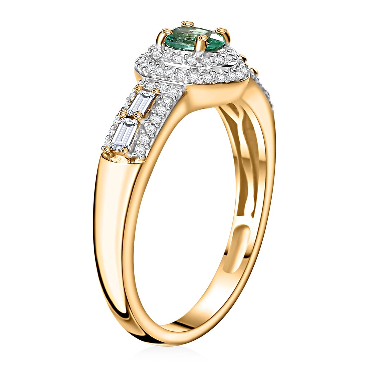 Boyaca Colombian Emerald and White Zircon 1.30 ctw Art and Deco Ring in 18K Vermeil Yellow Gold Over Sterling Silver (Size 6.0) image number 3