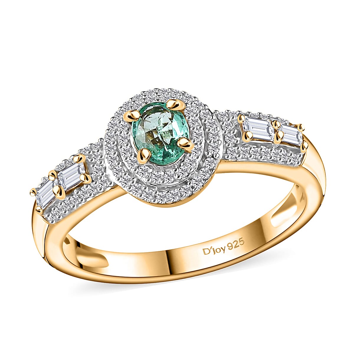 Boyaca Colombian Emerald and White Zircon 1.30 ctw Art and Deco Ring in 18K Vermeil Yellow Gold Over Sterling Silver (Size 8.0) image number 0