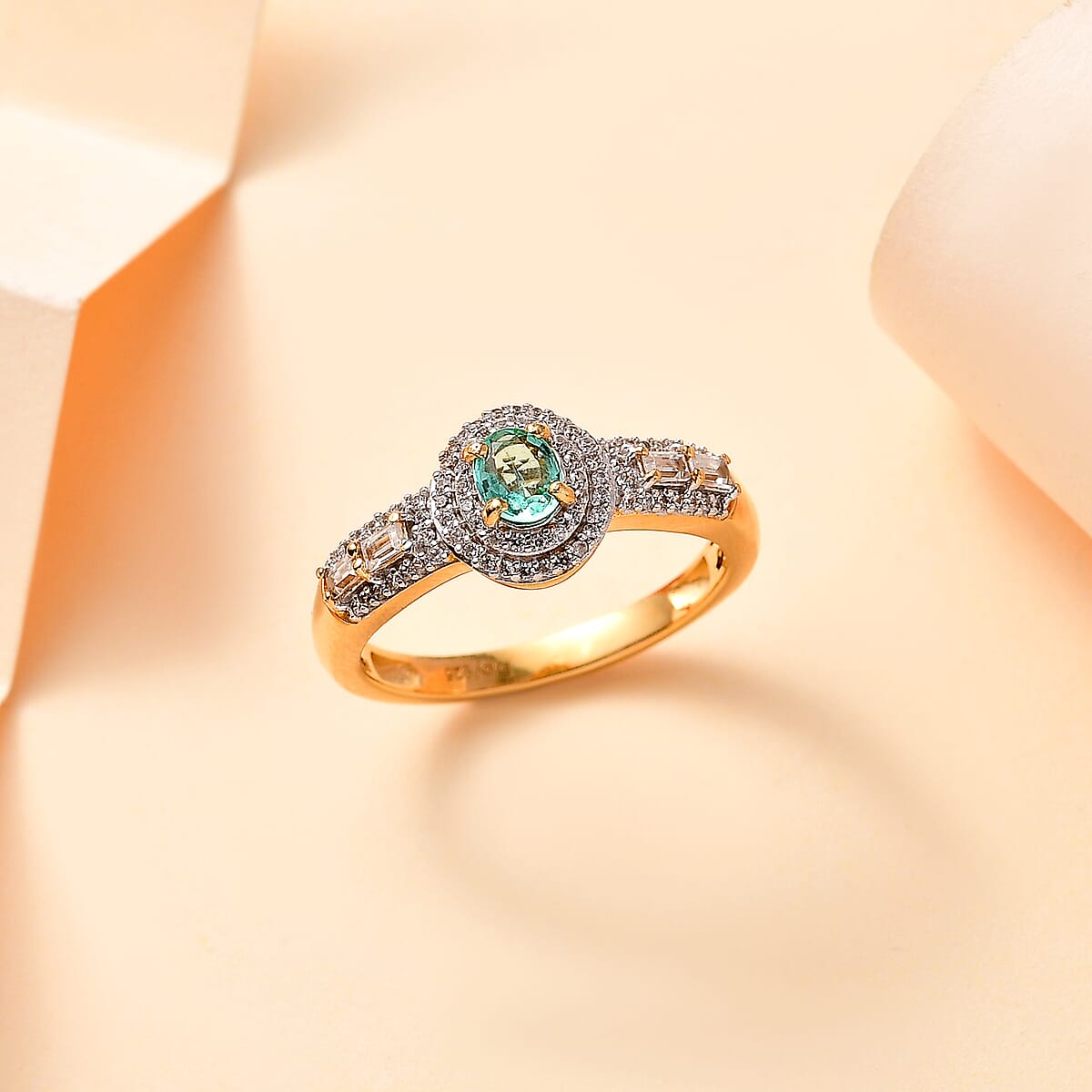 Boyaca Colombian Emerald and White Zircon 1.30 ctw Art and Deco Ring in 18K Vermeil Yellow Gold Over Sterling Silver (Size 9.0) image number 1