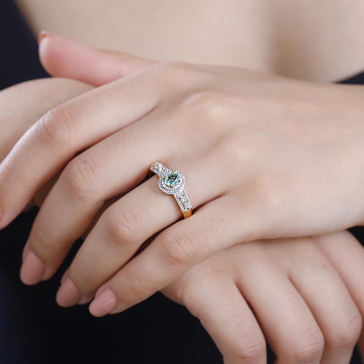 Boyaca Colombian Emerald and White Zircon 1.30 ctw Art and Deco Ring in 18K Vermeil Yellow Gold Over Sterling Silver (Size 9.0) image number 2