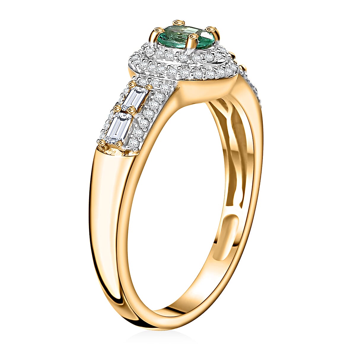 Boyaca Colombian Emerald and White Zircon 1.30 ctw Art and Deco Ring in 18K Vermeil Yellow Gold Over Sterling Silver (Size 9.0) image number 3
