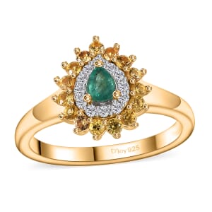 Boyaca Colombian Emerald and Multi Gemstone 0.65 ctw Heirloom Ring in 18K Vermeil Yellow Gold Over Sterling Silver (Size 8.0)