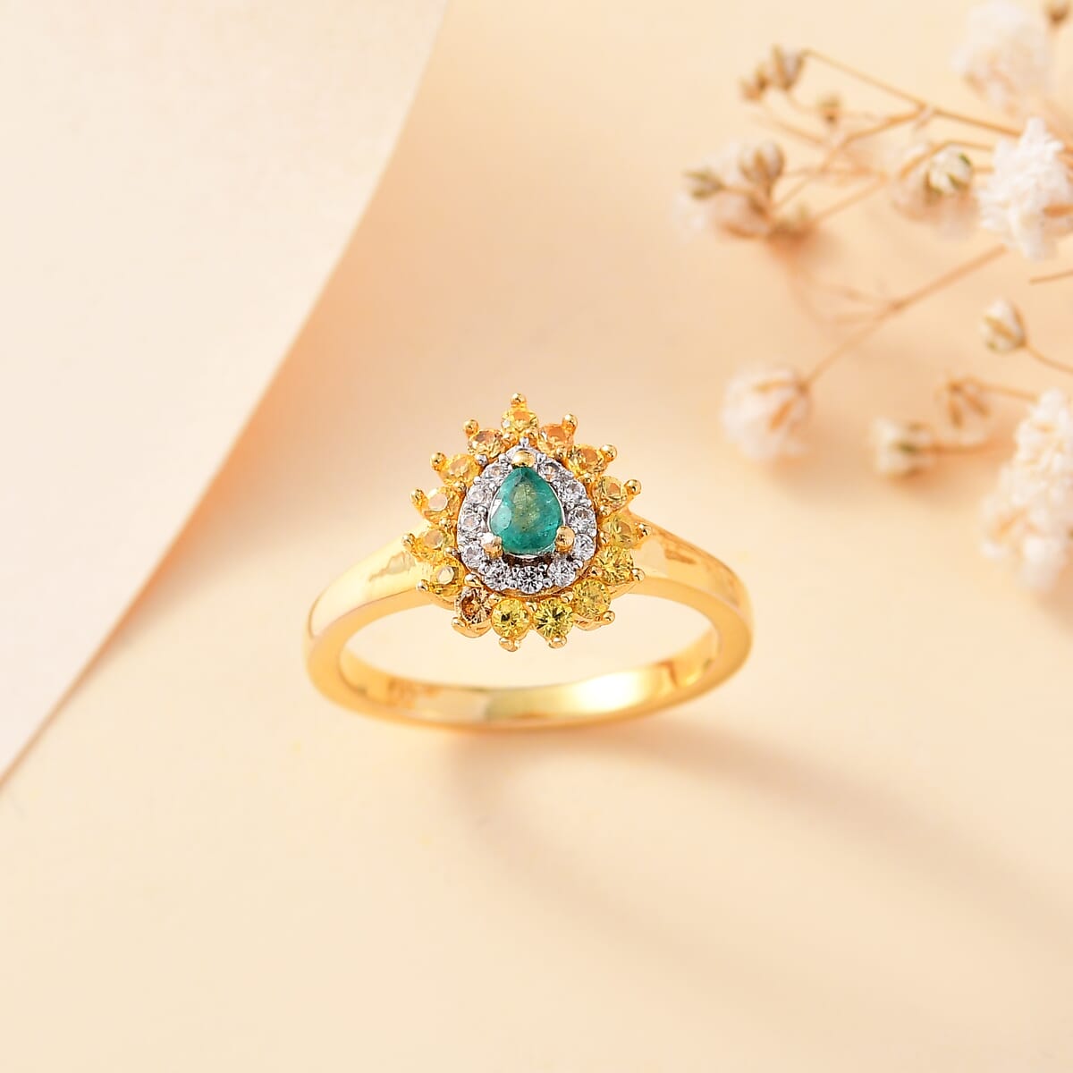Boyaca Colombian Emerald and Multi Gemstone 0.65 ctw Heirloom Ring in 18K Vermeil Yellow Gold Over Sterling Silver (Size 8.0) image number 1