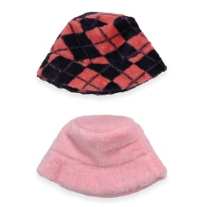 Set of 2 Red Checker Printed Faux Fur Bucket Hats – One Size Fits Most