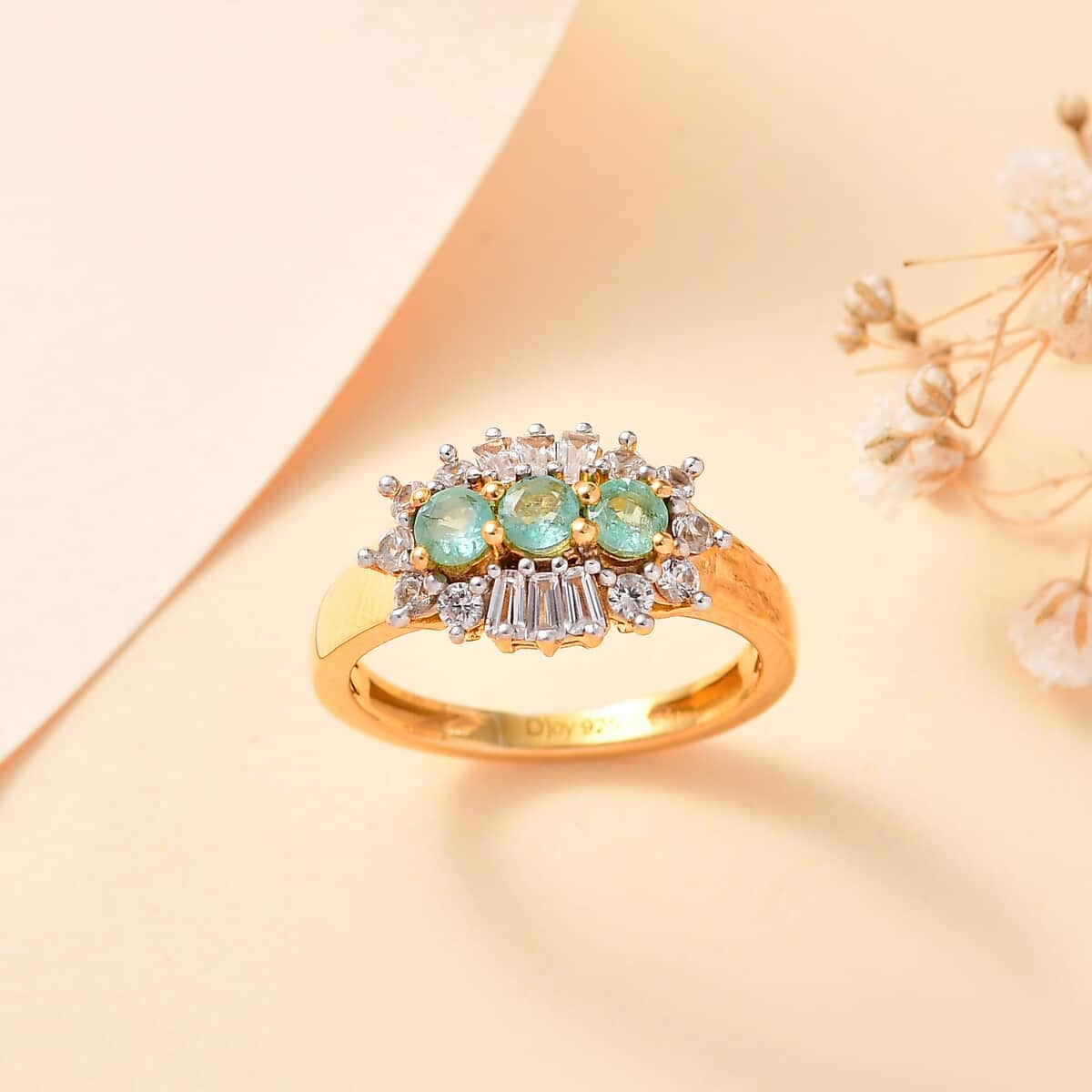 Boyaca Colombian Emerald, White Zircon Ring in 18K Vermeil YG Over Sterling Silver (Size 10.0) 1.00 ctw image number 1