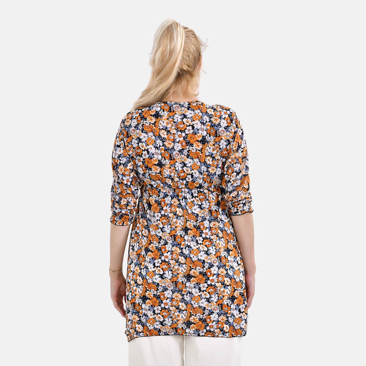 TAMSY Gold Floral Elastic Waist 3/4 Sleeve V-Neck Tunic - One Size Fits Most image number 1