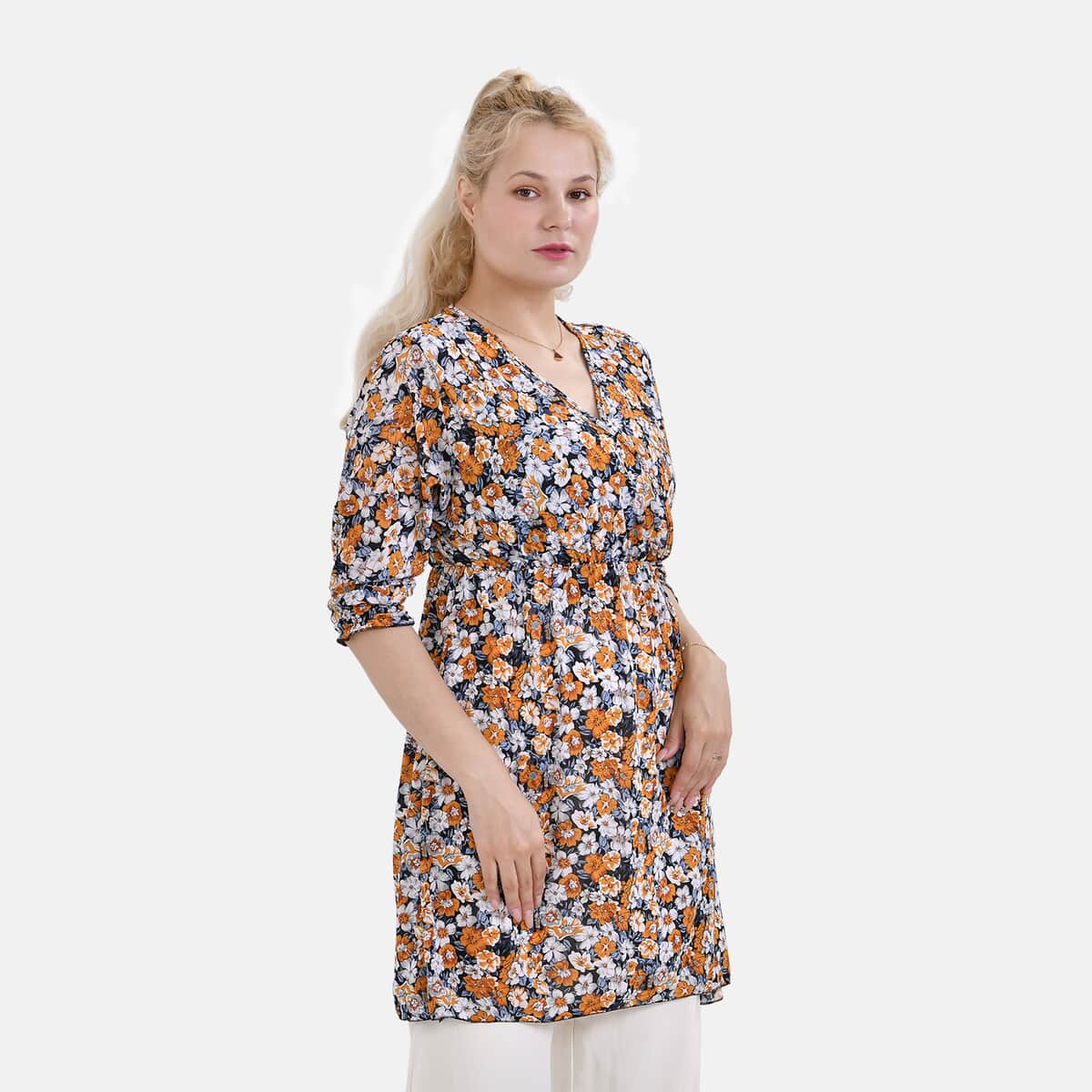 TAMSY Gold Floral Elastic Waist 3/4 Sleeve V-Neck Tunic - One Size Fits Most image number 3