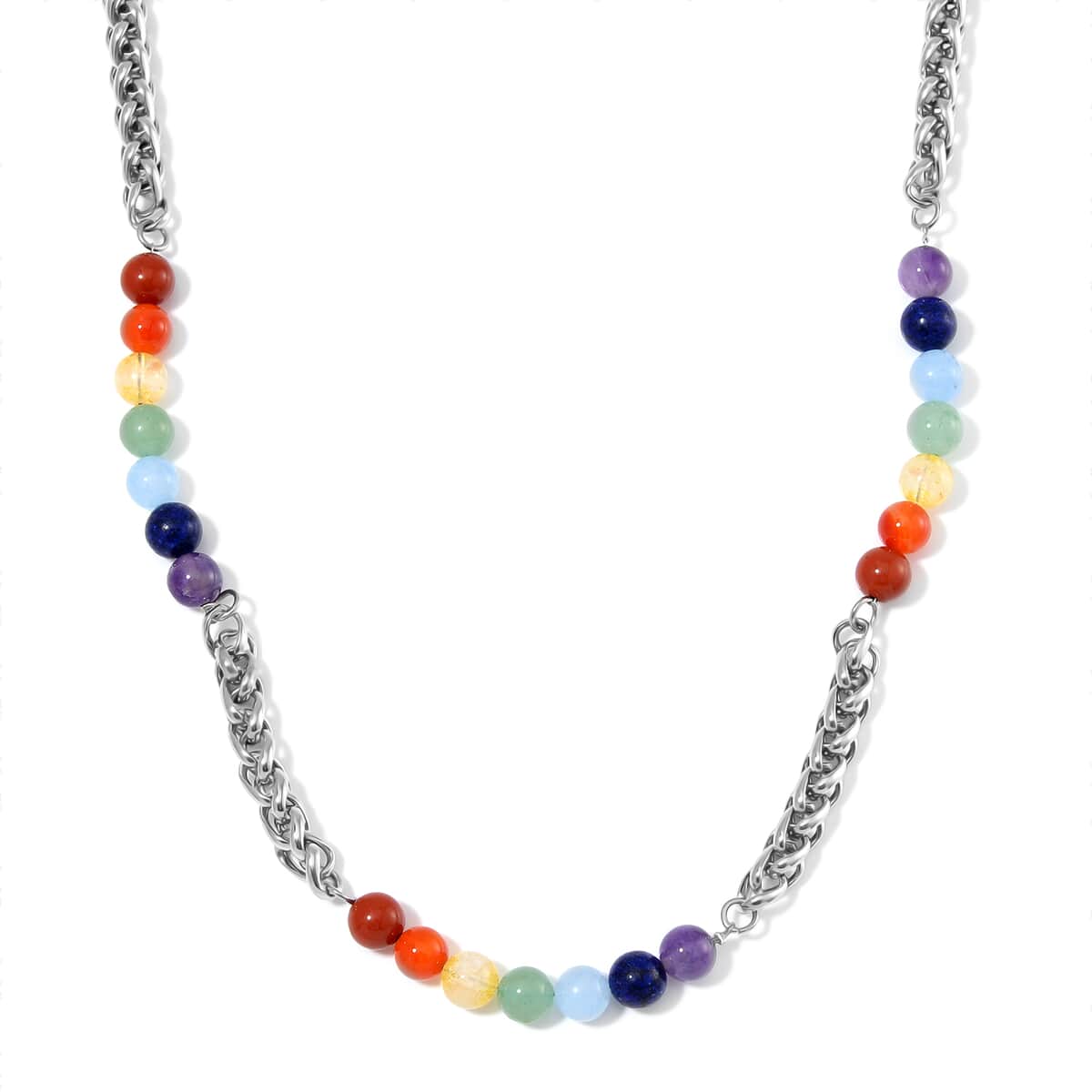 Multi Gemstone 80.00 ctw Beaded Seven Chakra Braided Necklace in Stainless Steel 20-22 Inches image number 0