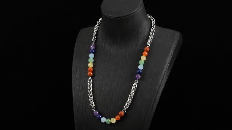 Multi Gemstone 80.00 ctw Beaded Seven Chakra Braided Necklace in Stainless Steel 20-22 Inches