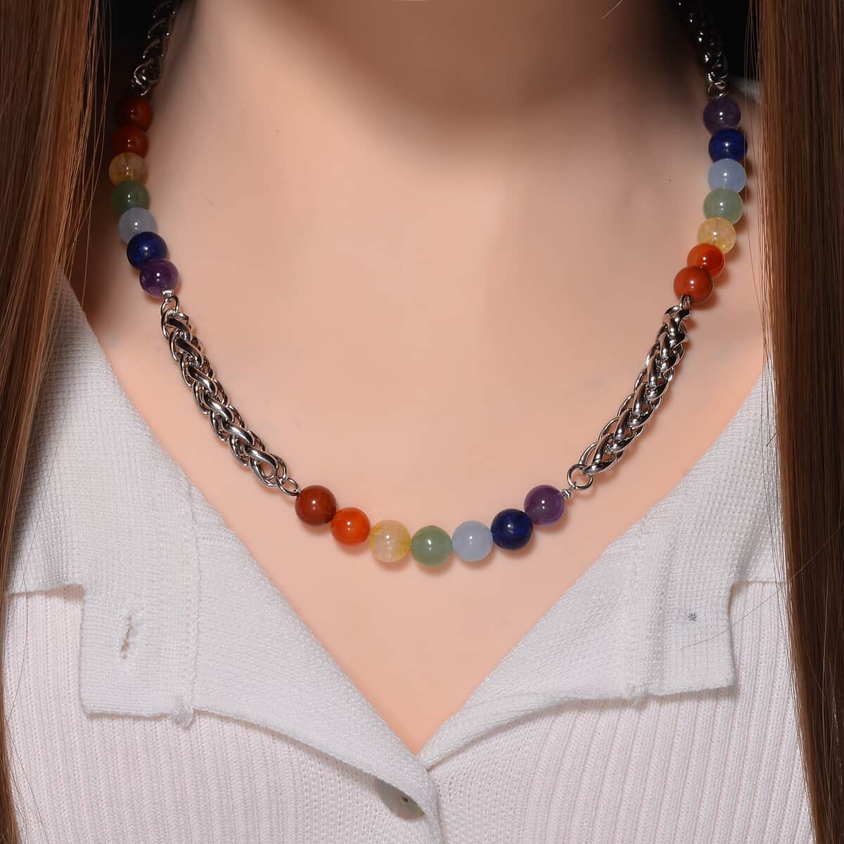 Multi Gemstone 80.00 ctw Beaded Seven Chakra Braided Necklace in Stainless Steel 20-22 Inches image number 1