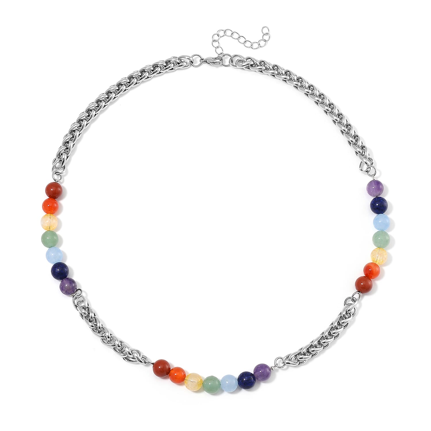 Multi Gemstone 80.00 ctw Beaded Seven Chakra Braided Necklace in Stainless Steel 20-22 Inches