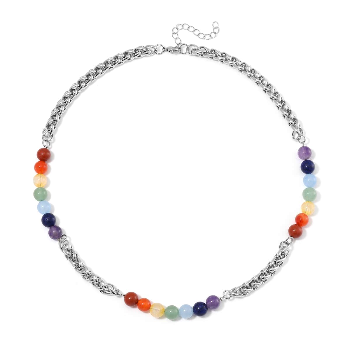 Multi Gemstone 80.00 ctw Beaded Seven Chakra Braided Necklace in Stainless Steel 20-22 Inches image number 2