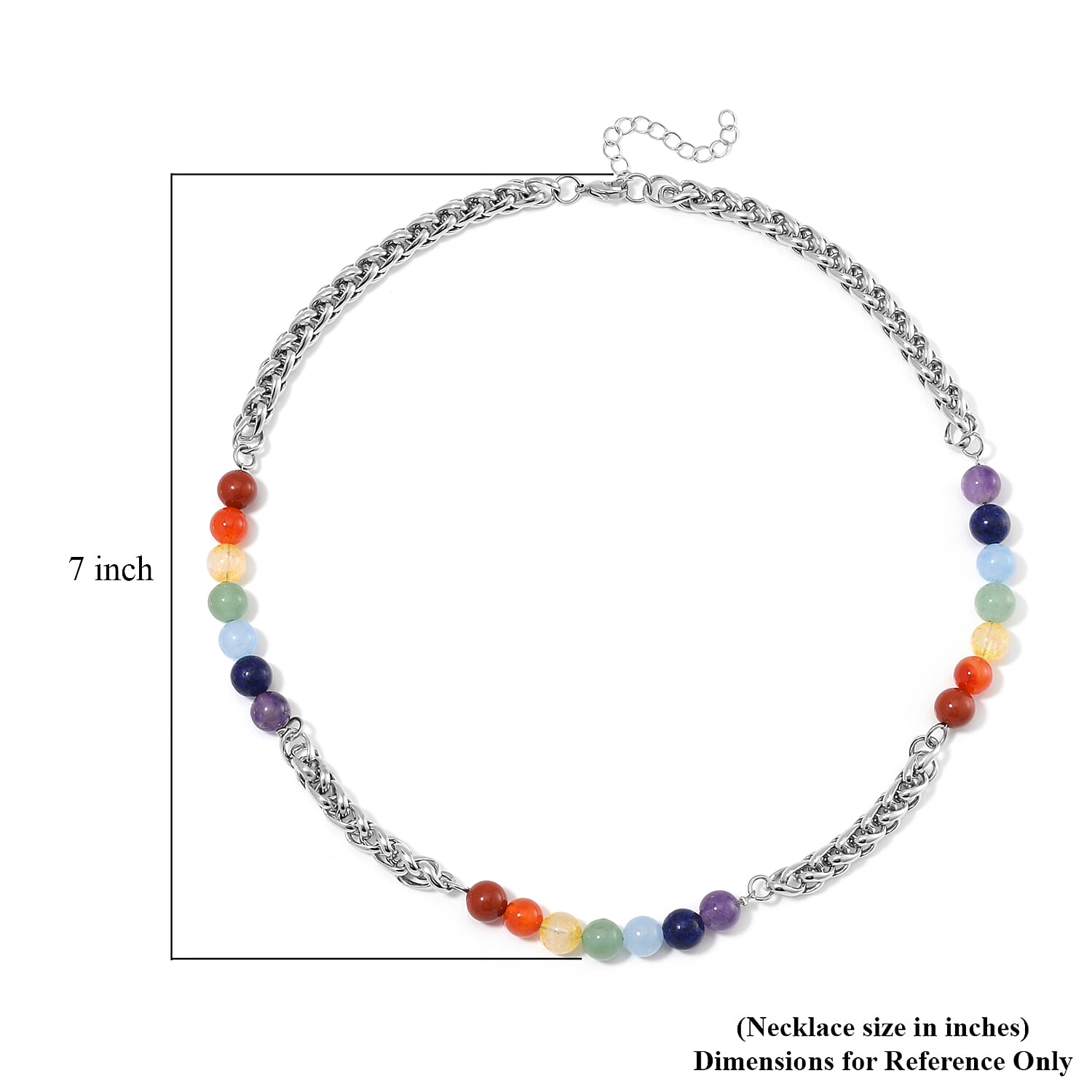 Multi Gemstone 80.00 ctw Beaded Seven Chakra Braided Necklace in Stainless Steel 20-22 Inches