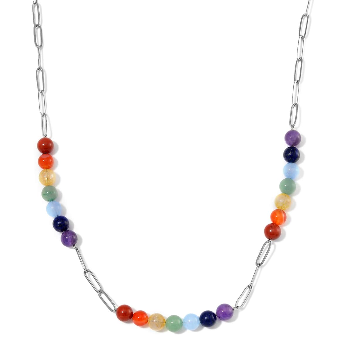 Multi Gemstone 80.00 ctw Beaded Seven Chakra Paper Clip Necklace in Stainless Steel 20-22 Inches image number 0