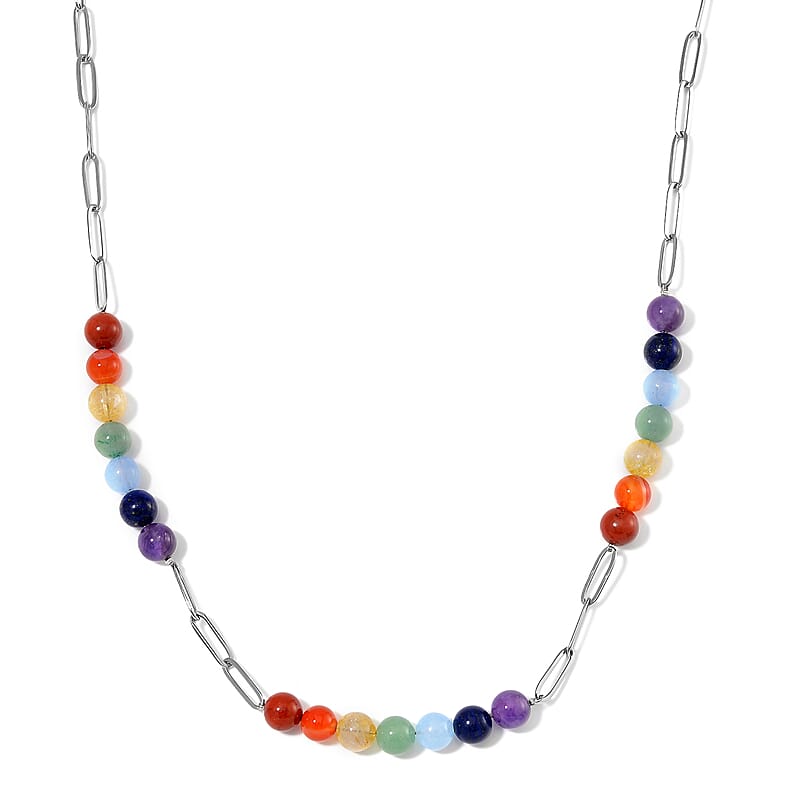 Multi Gemstone 80.00 ctw Beaded Seven Chakra Paper Clip Necklace in Stainless Steel 20-22 Inches