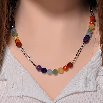 Multi Gemstone 80.00 ctw Beaded Seven Chakra Paper Clip Necklace in Stainless Steel 20-22 Inches