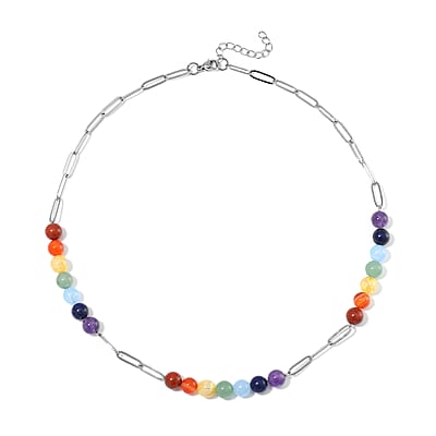 Multi Gemstone 80.00 ctw Beaded Seven Chakra Paper Clip Necklace in Stainless Steel 20-22 Inches