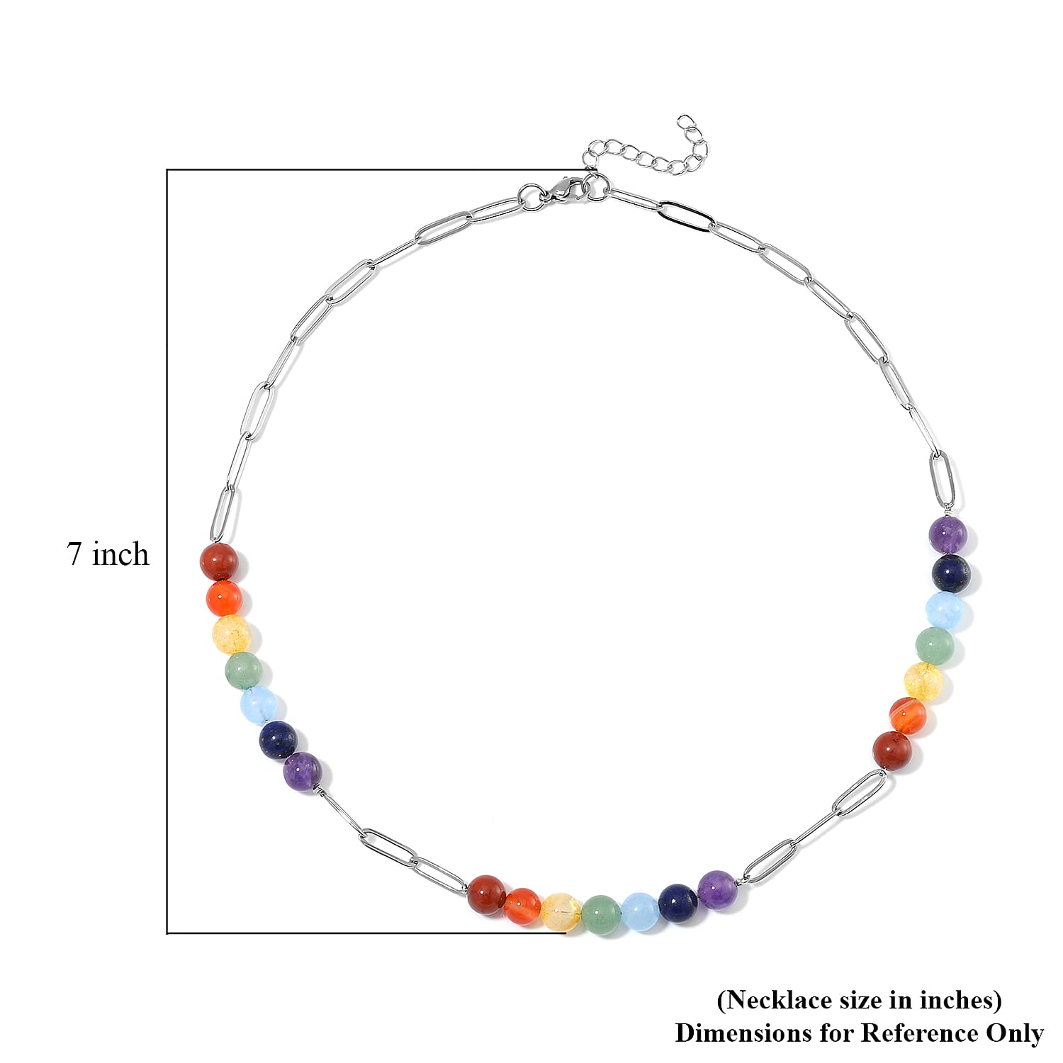 Multi Gemstone 80.00 ctw Beaded Seven Chakra Paper Clip Necklace in Stainless Steel 20-22 Inches