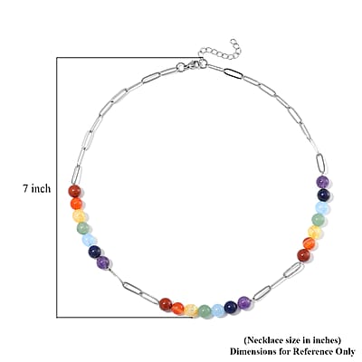 Multi Gemstone 80.00 ctw Beaded Seven Chakra Paper Clip Necklace in Stainless Steel 20-22 Inches