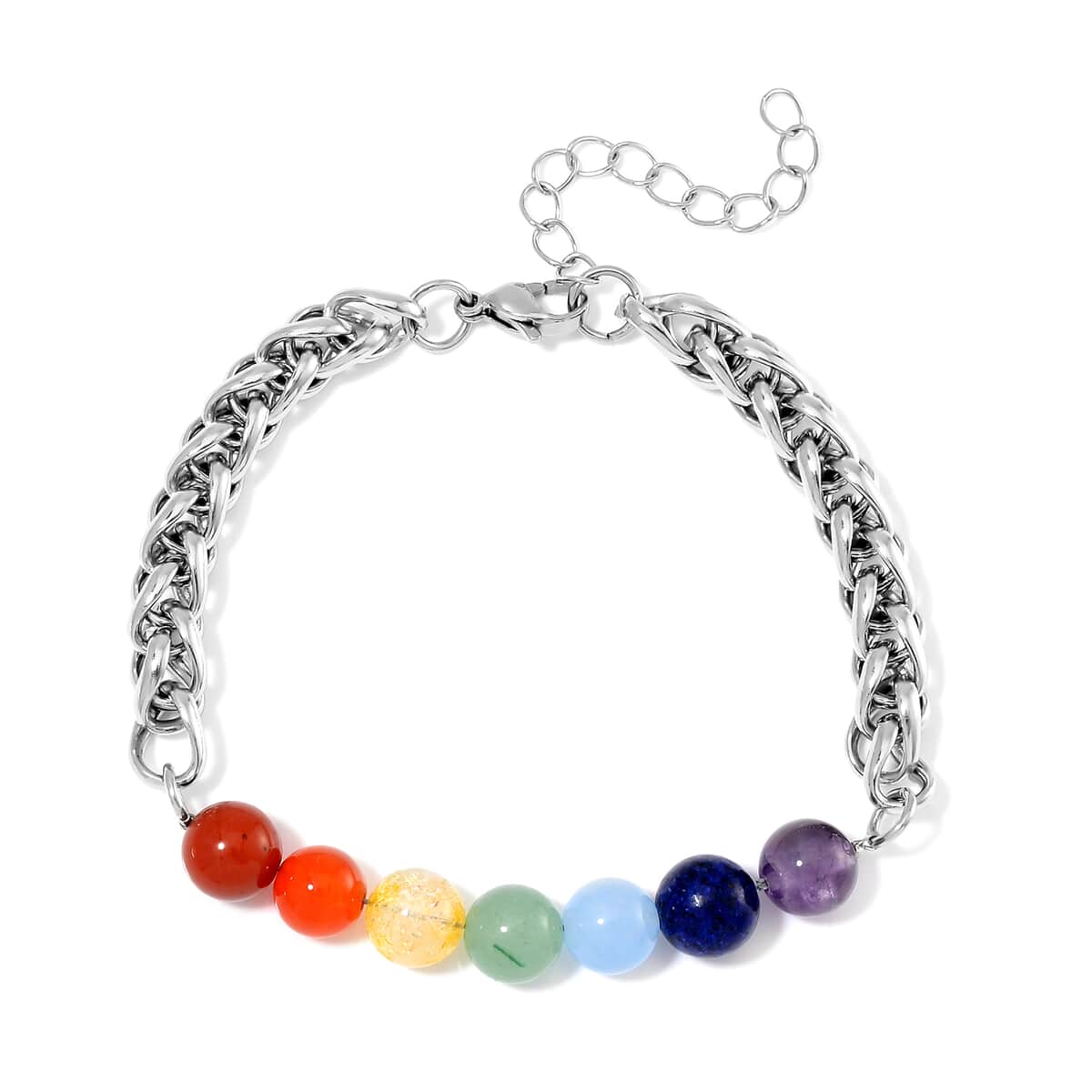 Multi Gemstone 27.00 ctw Beaded Seven Chakra Braided Bracelet in Stainless Steel (7.5-9.5In) image number 0