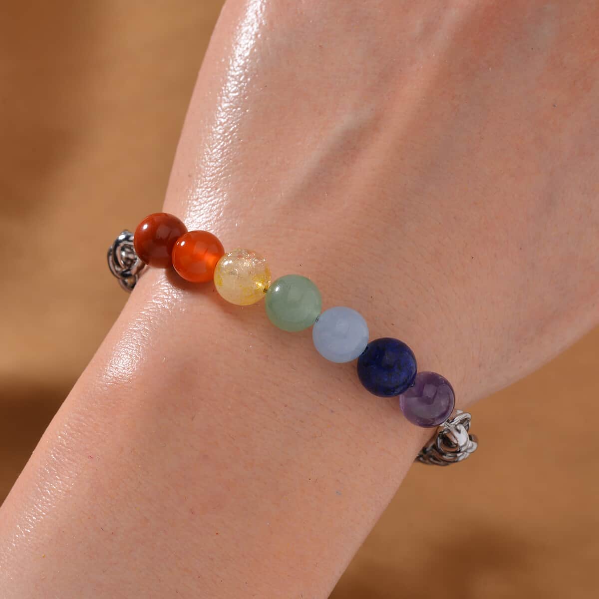 Multi Gemstone 27.00 ctw Beaded Seven Chakra Braided Bracelet in Stainless Steel (7.5-9.5In) image number 1