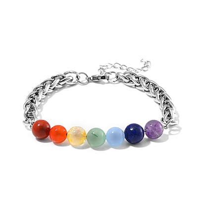 Multi Gemstone 27.00 ctw Beaded Seven Chakra Braided Bracelet in Stainless Steel (7.5-9.5In)