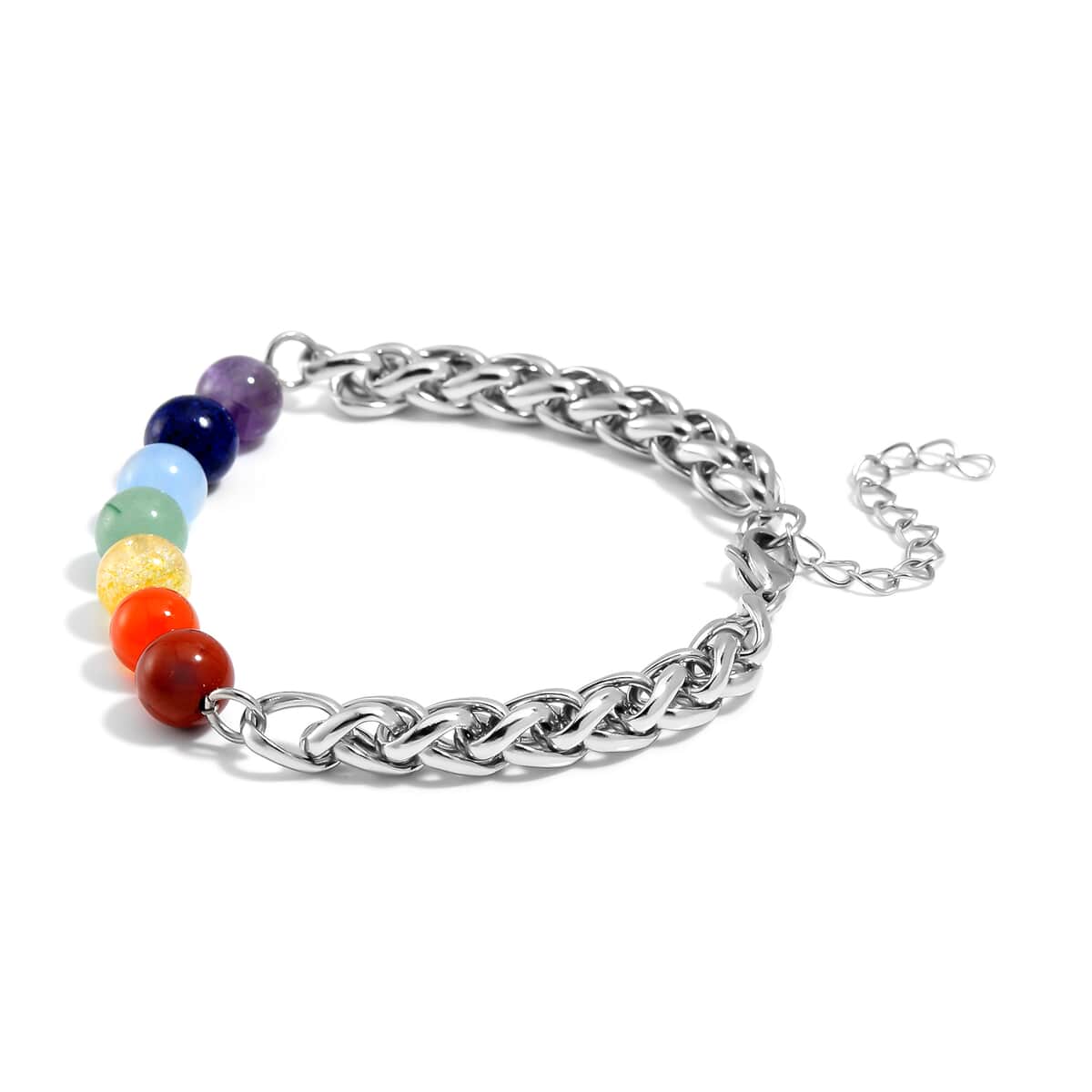 Multi Gemstone 27.00 ctw Beaded Seven Chakra Braided Bracelet in Stainless Steel (7.5-9.5In) image number 3