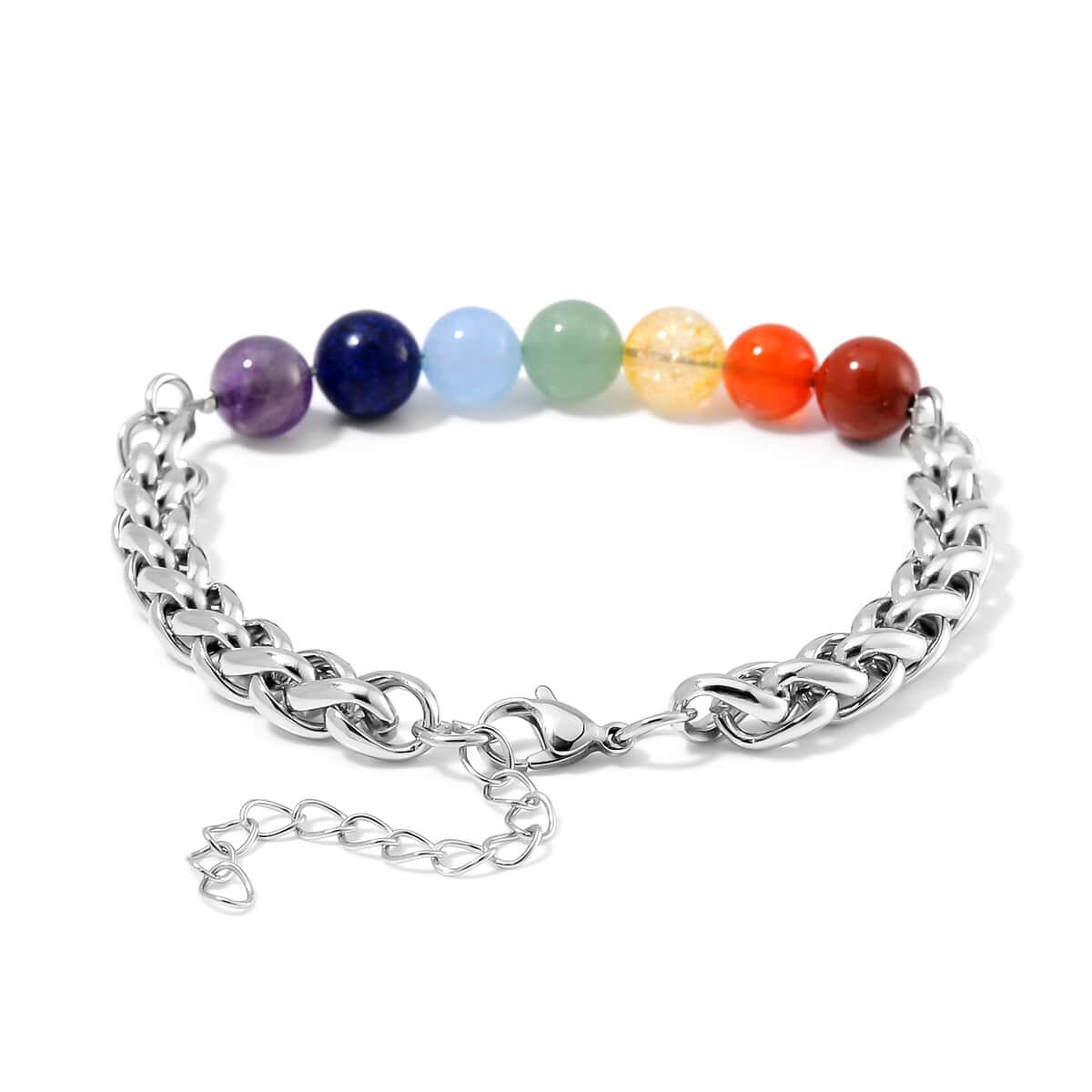 Multi Gemstone 27.00 ctw Beaded Seven Chakra Braided Bracelet in Stainless Steel (7.5-9.5In) image number 4