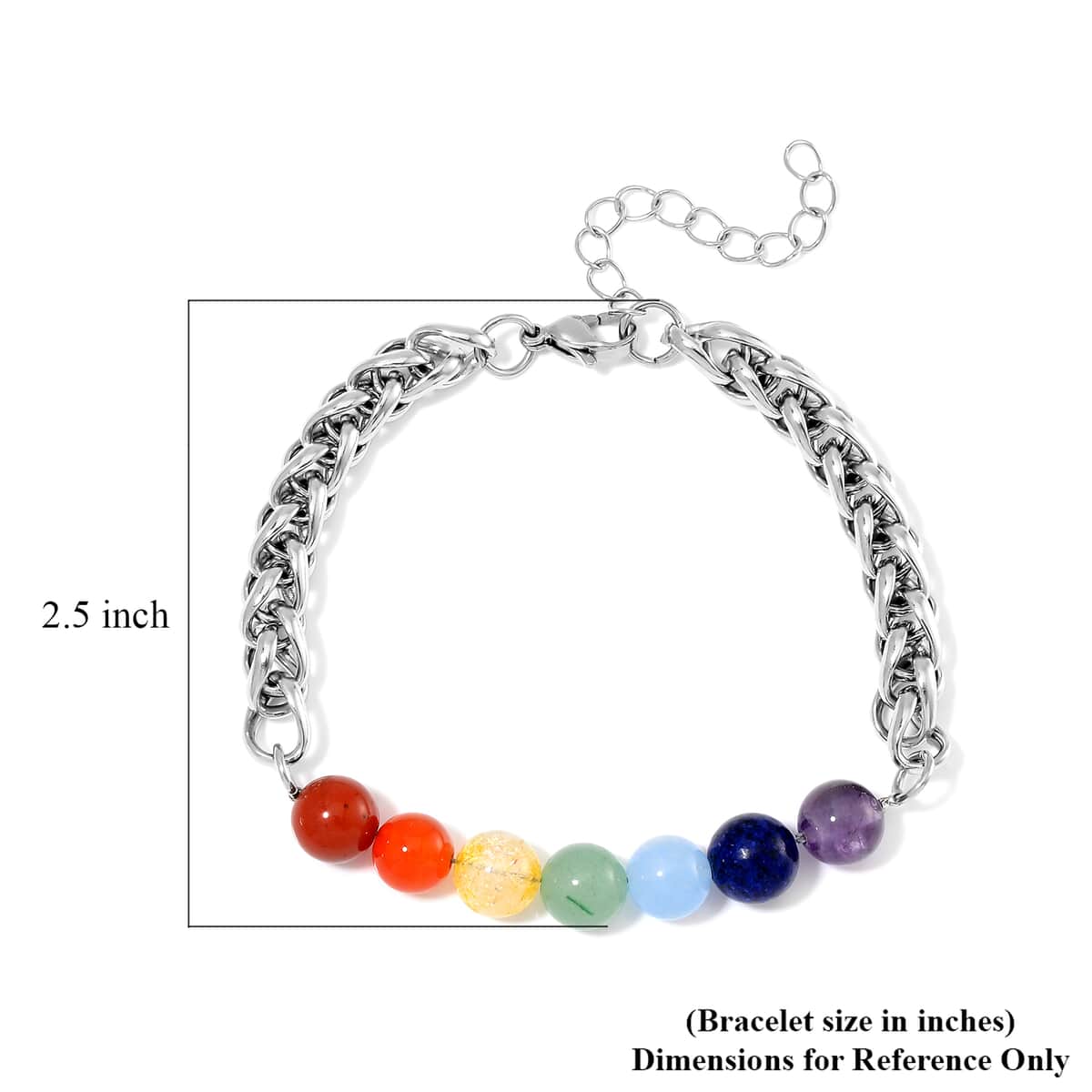 Multi Gemstone 27.00 ctw Beaded Seven Chakra Braided Bracelet in Stainless Steel (7.5-9.5In) image number 6