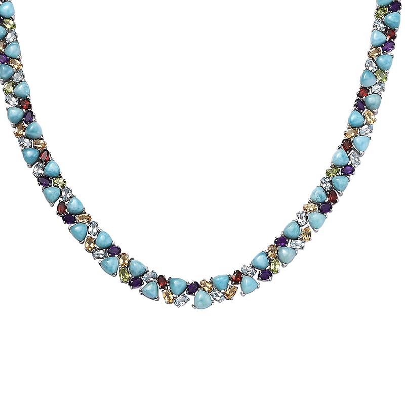 Larimar and Multi Gemstone 89.35 ctw Zig-Zag Necklace in Platinum Over Sterling Silver 18 Inches