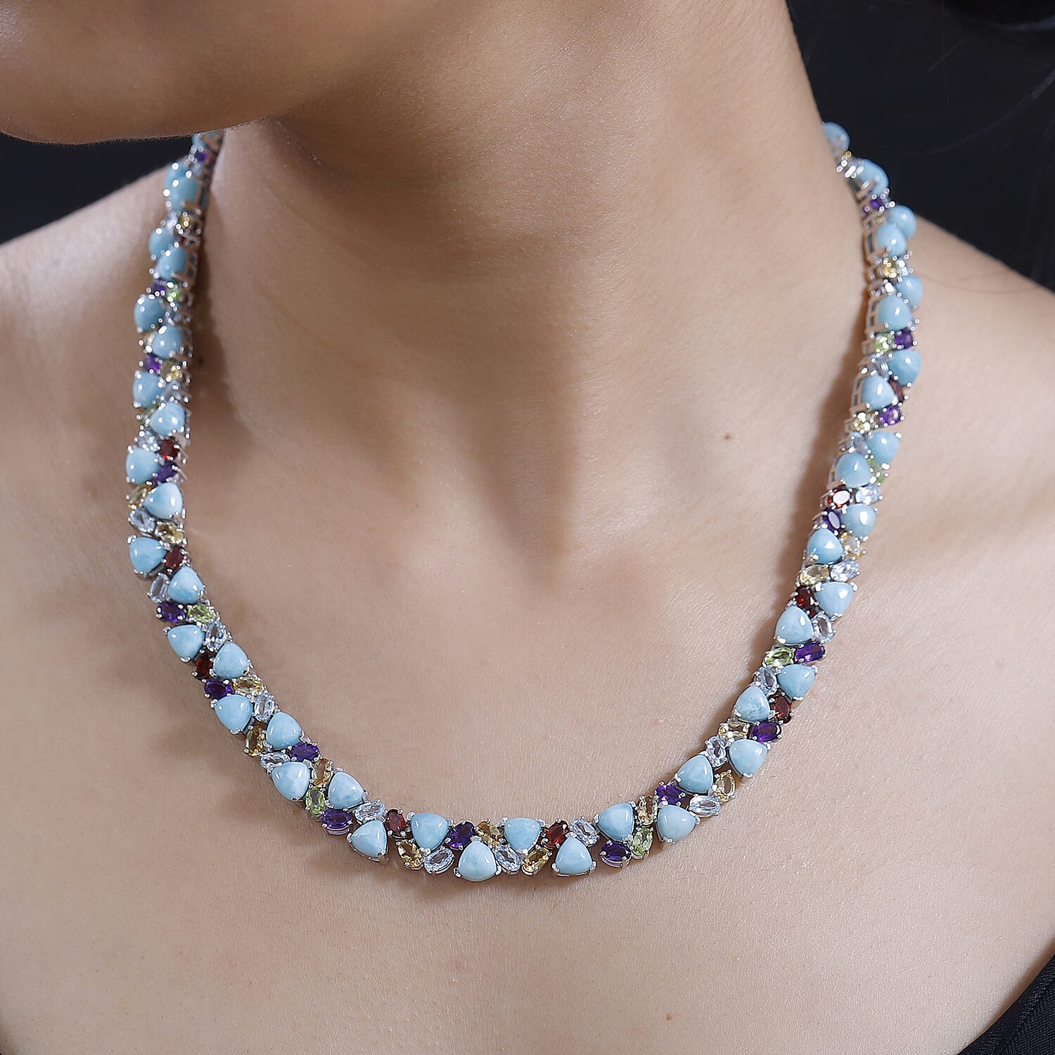 Larimar and Multi Gemstone 89.35 ctw Zig-Zag Necklace in Platinum Over Sterling Silver 18 Inches