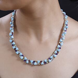 Larimar and Multi Gemstone 89.35 ctw Zig-Zag Necklace in Platinum Over Sterling Silver 18 Inches