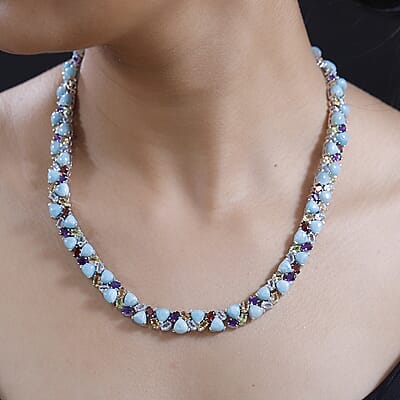 Larimar and Multi Gemstone 89.35 ctw Zig-Zag Necklace in Platinum Over Sterling Silver 18 Inches