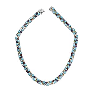 Larimar and Multi Gemstone 89.35 ctw Zig-Zag Necklace in Platinum Over Sterling Silver 18 Inches