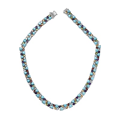 Larimar and Multi Gemstone 89.35 ctw Zig-Zag Necklace in Platinum Over Sterling Silver 18 Inches