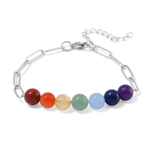 Multi Gemstone 27.00 ctw Beaded Seven Chakra Paper Clip Bracelet in Stainless Steel (7.5-9.5In)