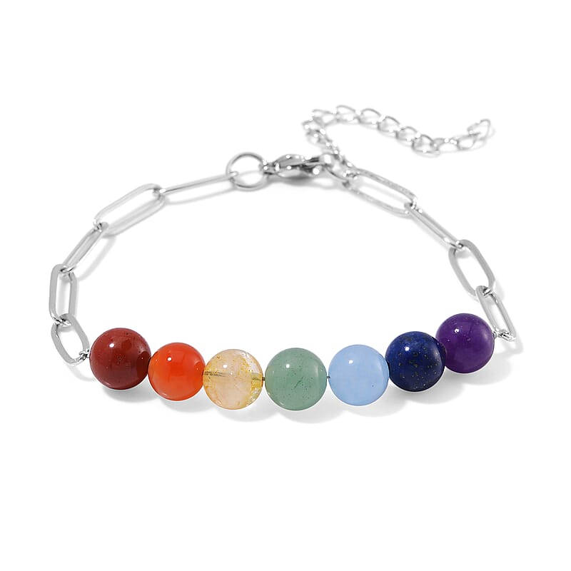 Multi Gemstone 27.00 ctw Beaded Seven Chakra Paper Clip Bracelet in Stainless Steel (7.5-9.5In)