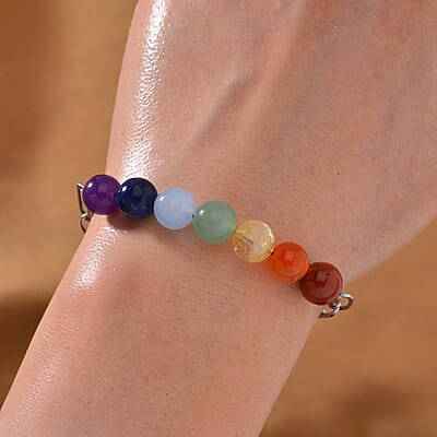 Multi Gemstone 27.00 ctw Beaded Seven Chakra Paper Clip Bracelet in Stainless Steel (7.5-9.5In)