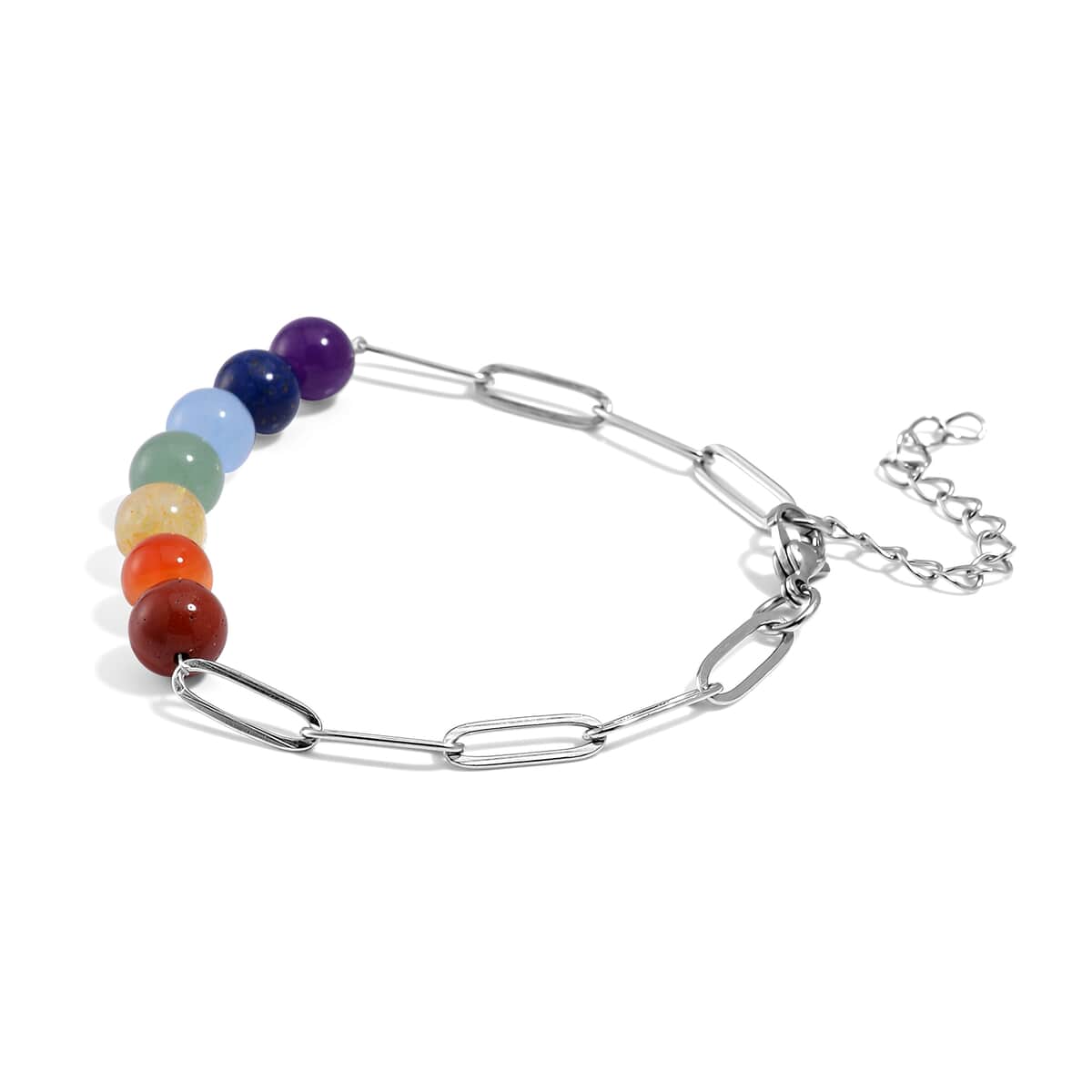 Multi Gemstone 27.00 ctw Beaded Seven Chakra Paper Clip Bracelet in Stainless Steel (7.5-9.5In) image number 2