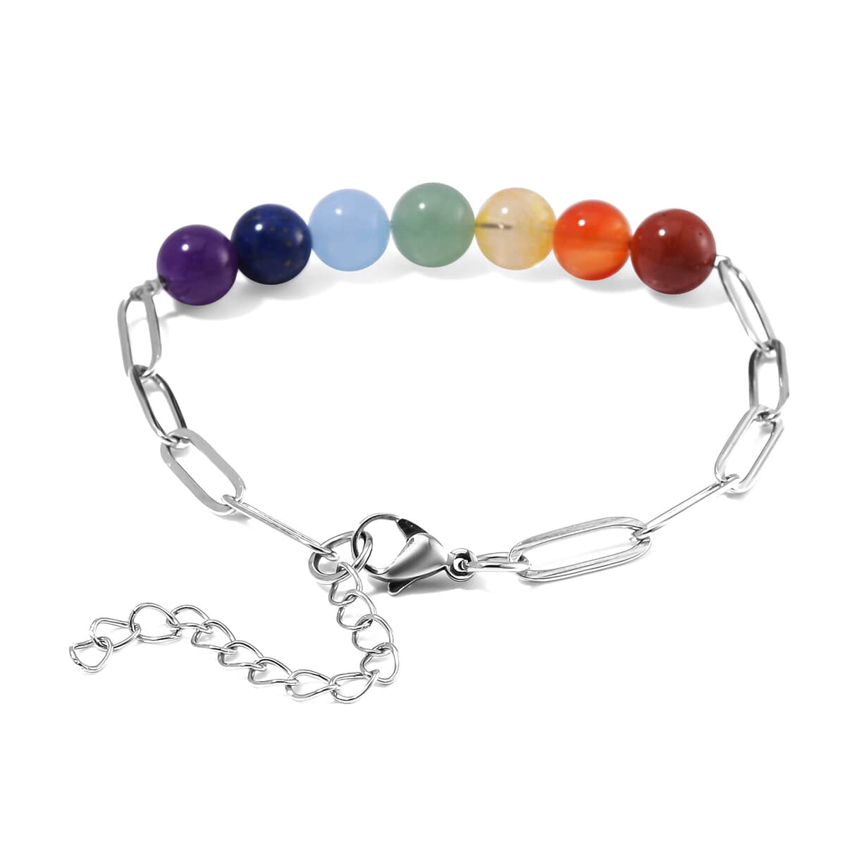 Multi Gemstone 27.00 ctw Beaded Seven Chakra Paper Clip Bracelet in Stainless Steel (7.5-9.5In) image number 3