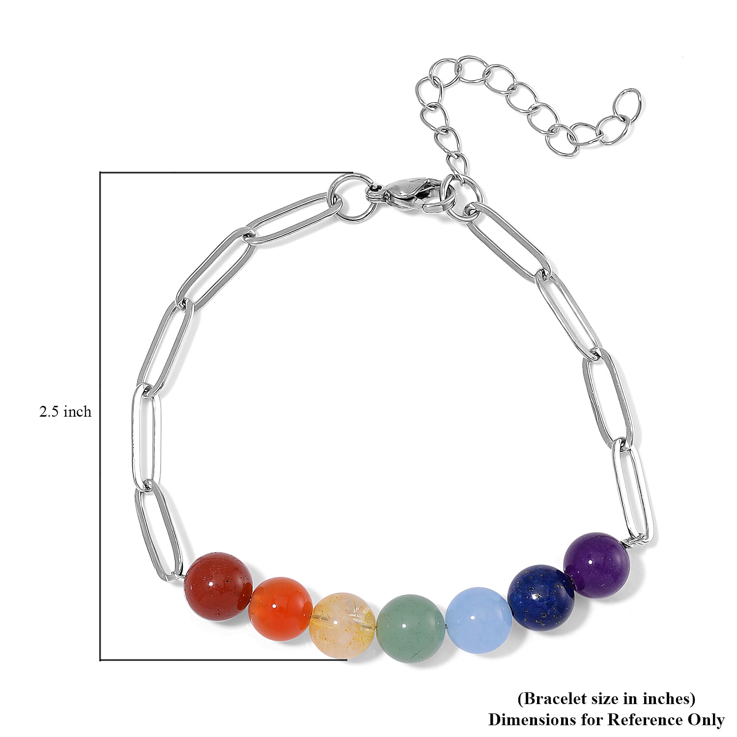 Multi Gemstone 27.00 ctw Beaded Seven Chakra Paper Clip Bracelet in Stainless Steel (7.5-9.5In)