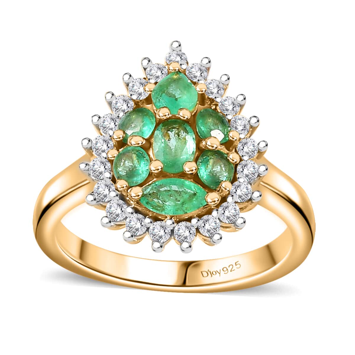 Premium Boyaca Colombian Emerald and White Zircon 1.30 ctw Green Lake Trek Ring in 18K Vermeil Yellow Gold Over Sterling Silver (Size 6.0) image number 0