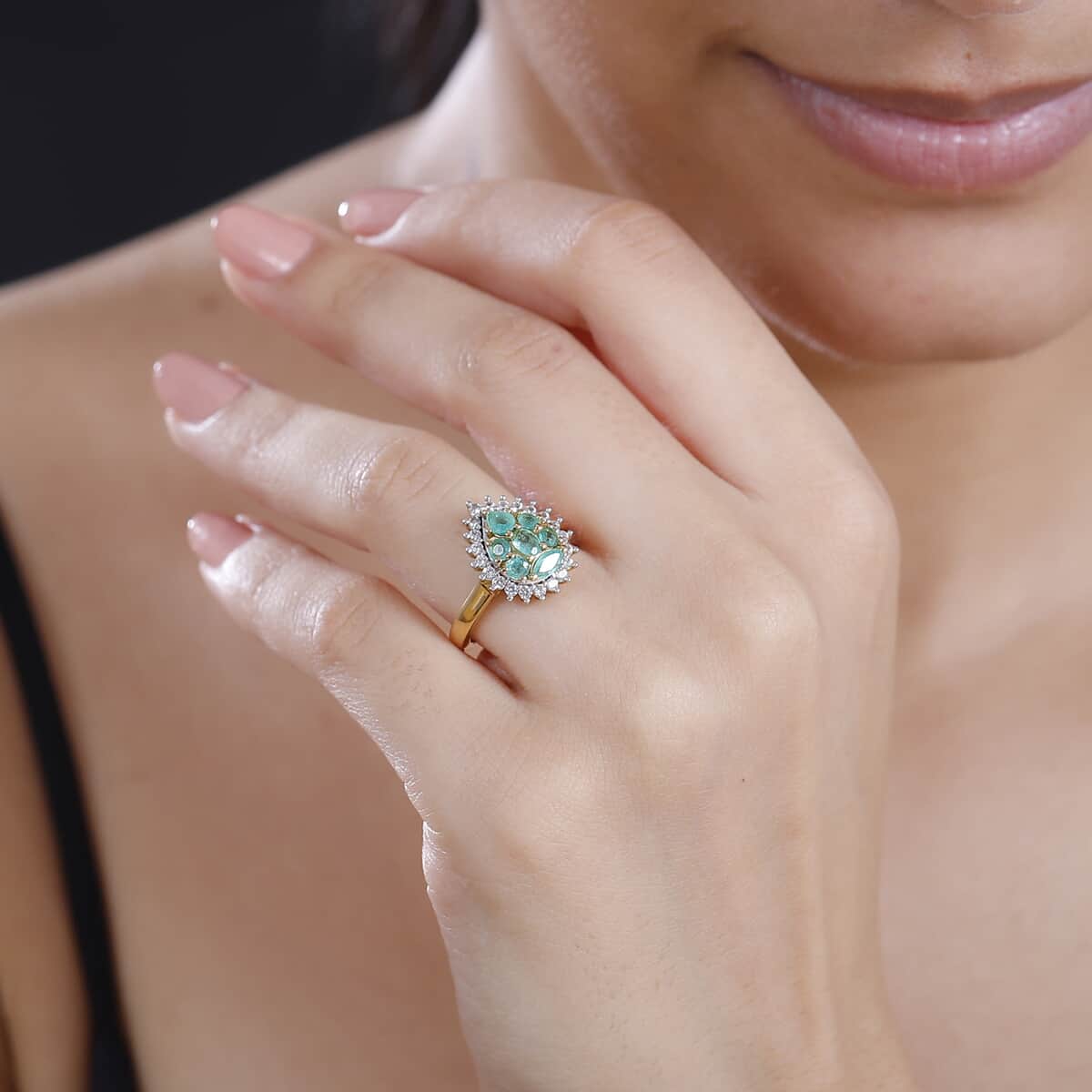 Premium Boyaca Colombian Emerald and White Zircon 1.30 ctw Green Lake Trek Ring in 18K Vermeil Yellow Gold Over Sterling Silver (Size 6.0) image number 2