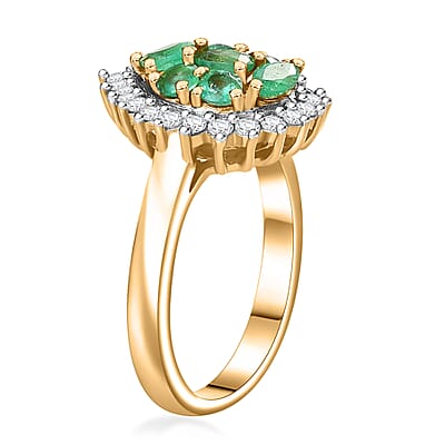 Premium Boyaca Colombian Emerald and White Zircon 1.30 ctw Green Lake Trek Ring in 18K Vermeil Yellow Gold Over Sterling Silver (Size 6.0)
