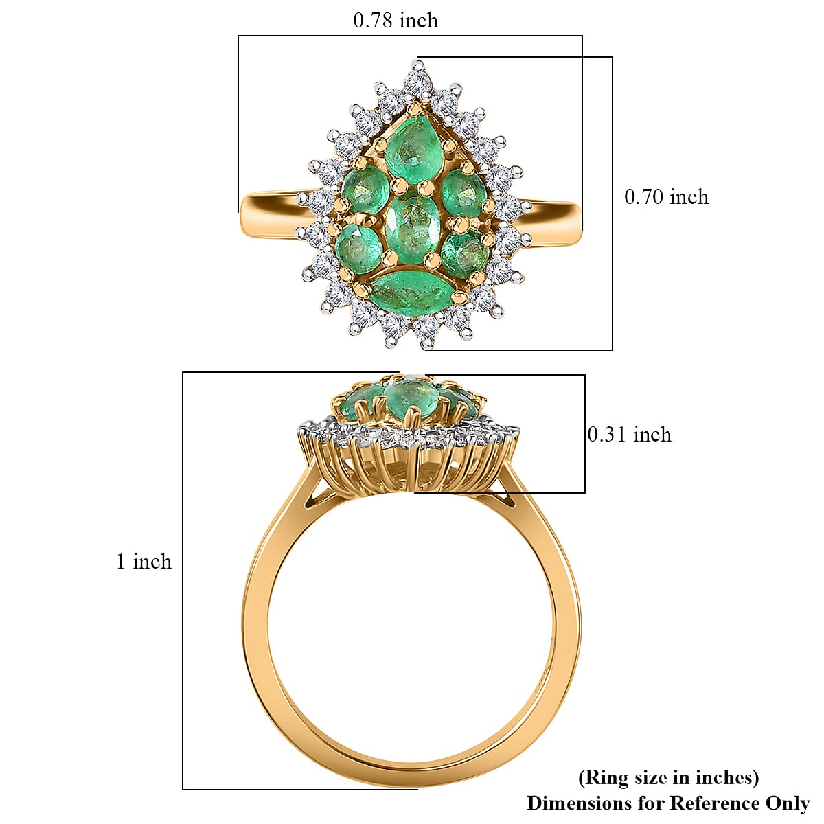 Premium Boyaca Colombian Emerald and White Zircon 1.30 ctw Green Lake Trek Ring in 18K Vermeil Yellow Gold Over Sterling Silver (Size 6.0)